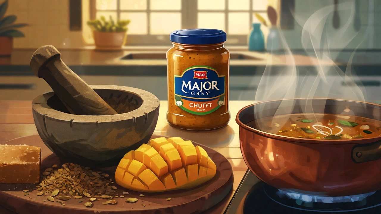 Fresh ingredients and simmering pot next to a jar of commercial chutney