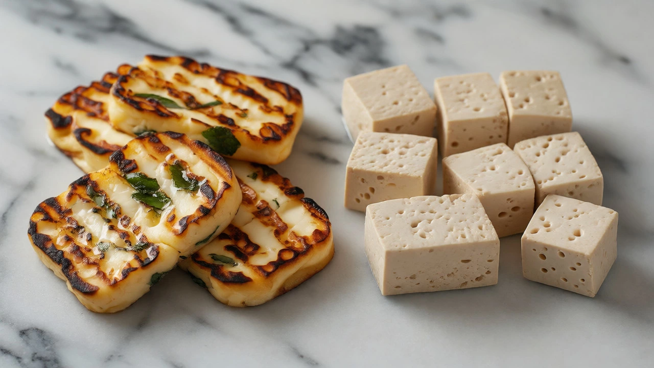 Grilled halloumi slices next to firm tofu cubes on marble counter