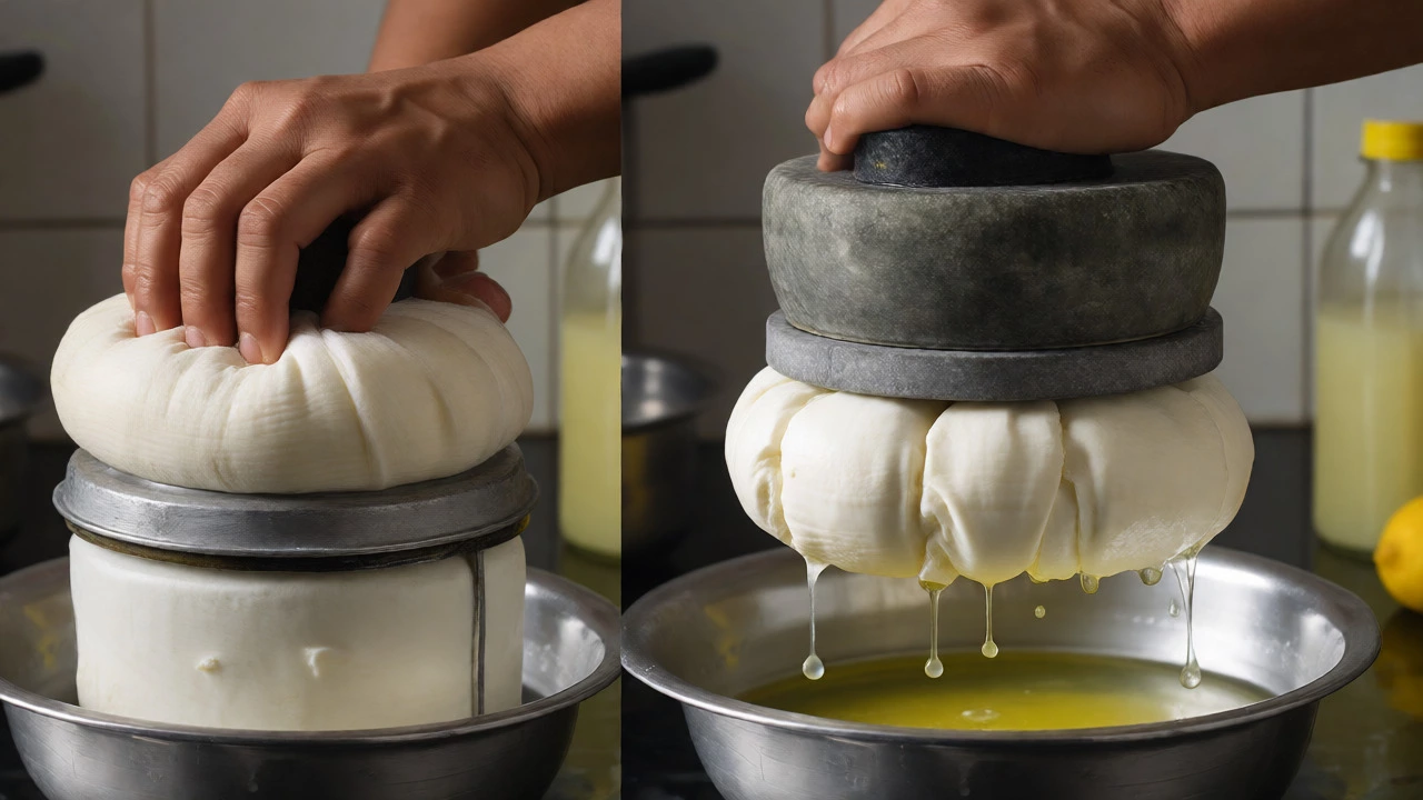 Hands pressing curds in muslin cloth to make homemade paneer