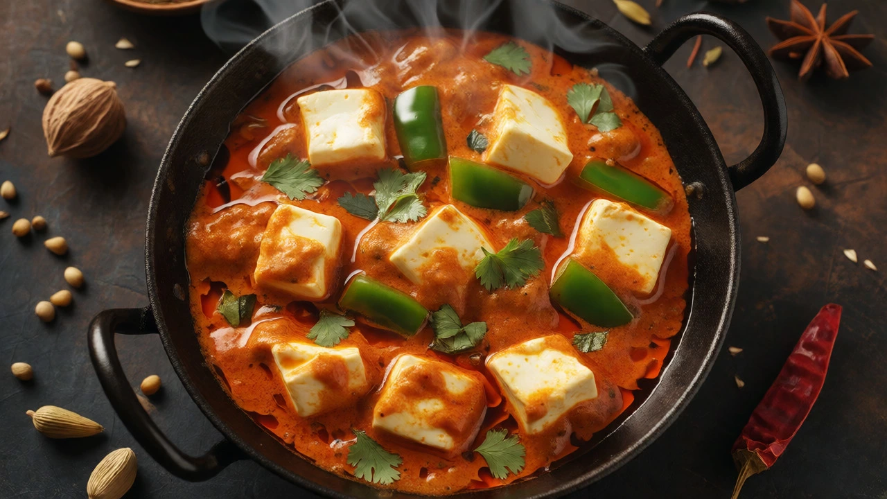 Hot paneer curry in a cast-iron pan with vegetables and spices