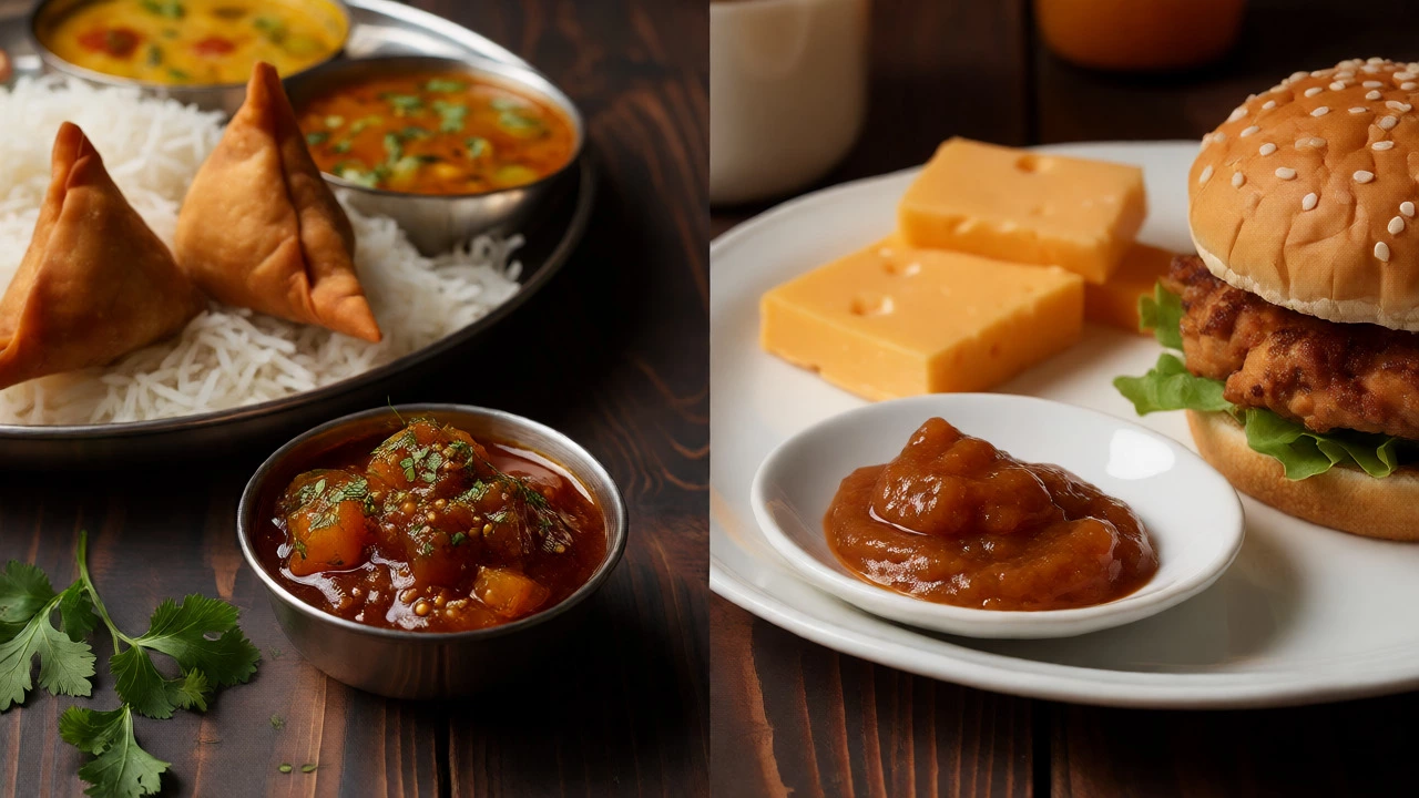 Indian thali with spicy chutney alongside British burger with sweet chutney