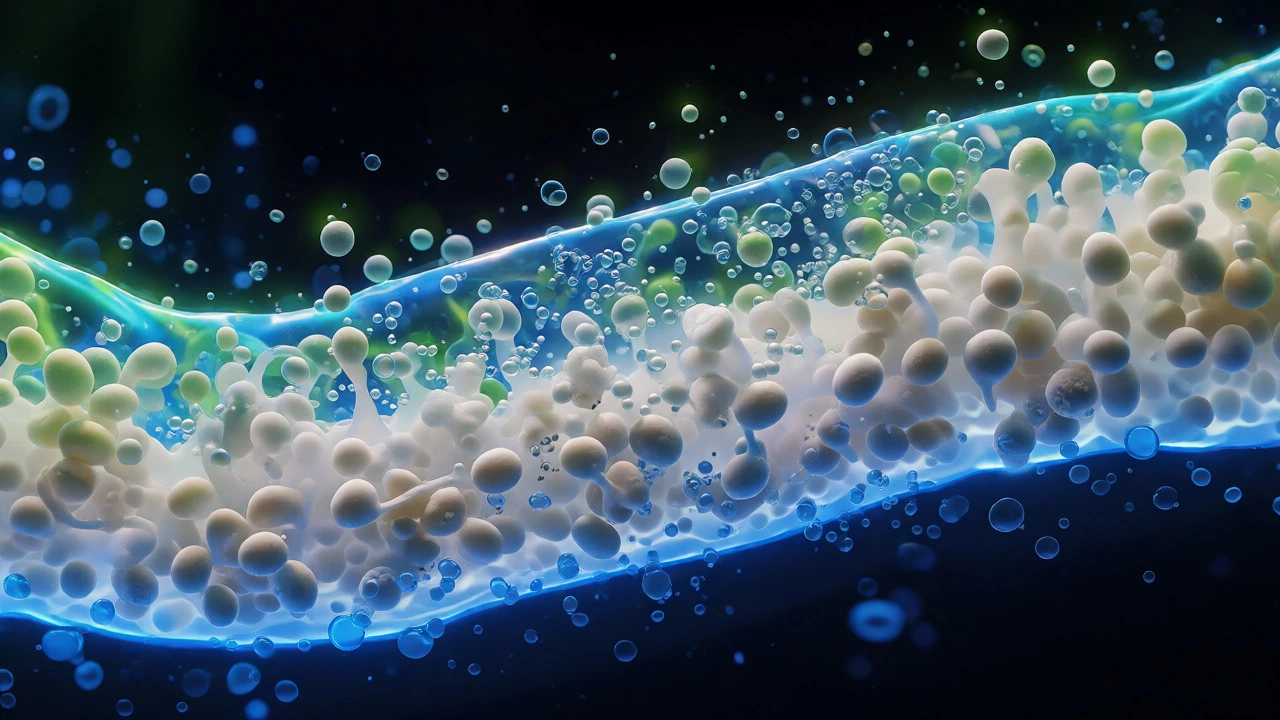 Microscopic view of bacteria fermenting batter with glowing bubbles
