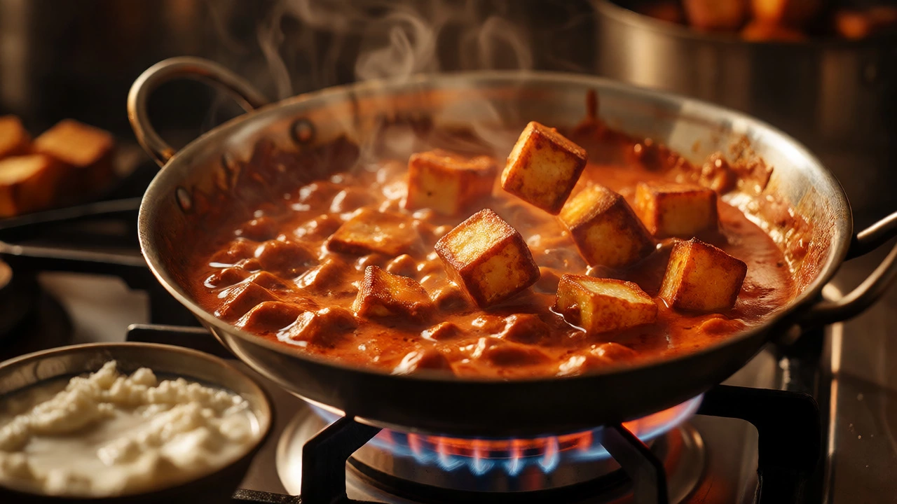 Paneer cubes holding shape while frying in bubbling butter chicken curry