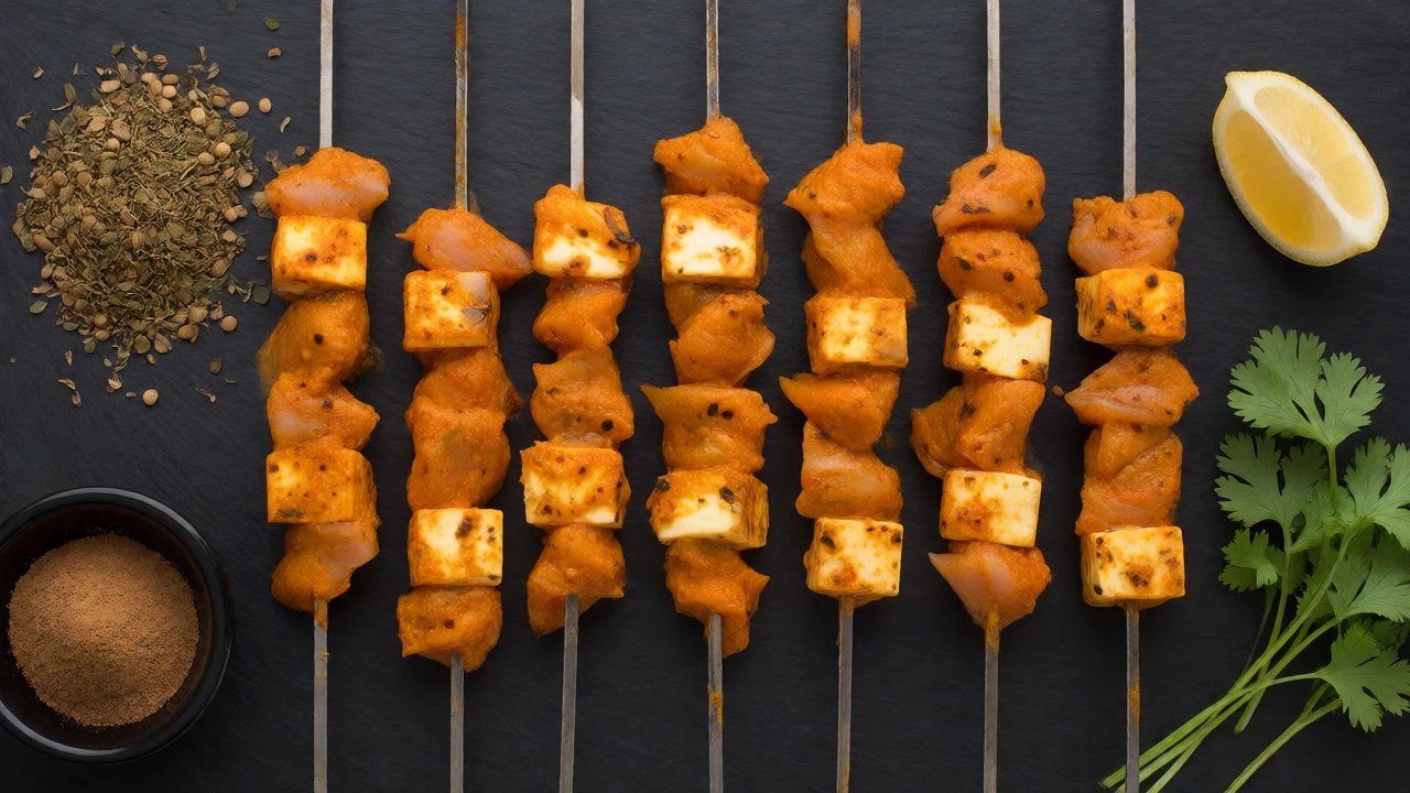 Skewers of marinated chicken and paneer cubes surrounded by fresh spices and herbs.