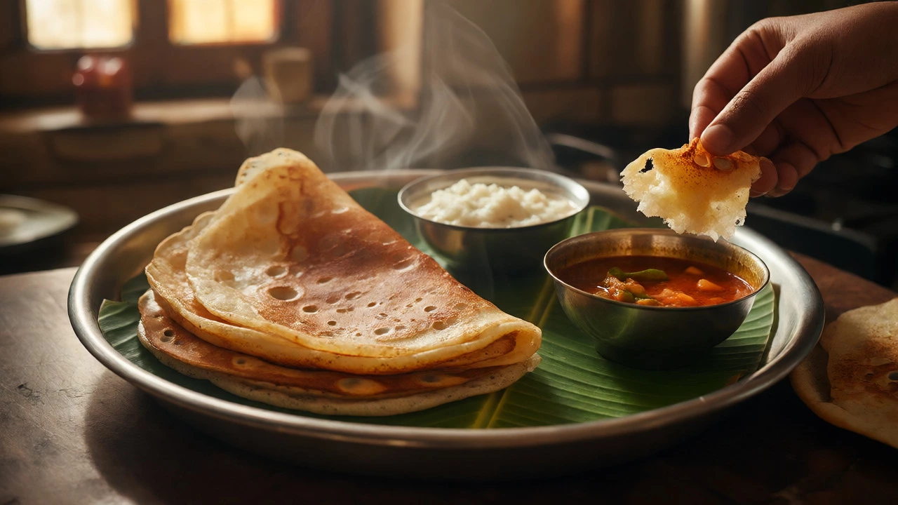 Stack of golden crispy dosas served with chutney and sambar on banana leaf